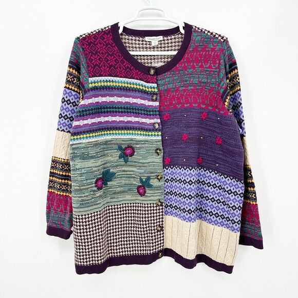 Coldwater Creek Sweaters - Coldwater Creek Womens Button Cardigan 2X Patchwork Eclectic Artsy Whimsical